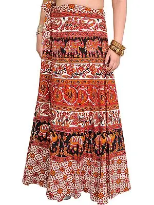 Red and White Wrap-Around Skirt from Pilkhuwa with Printed Animals and Flowers