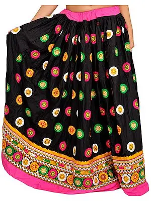 Black and Pink Embroidered Ghagra from Gujarat with Chakras and Mirrors