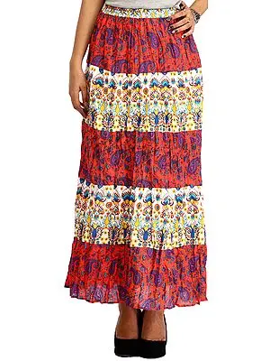 Red and White Long Printed Skirt with Paisleys