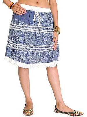 Blue and White Printed Short Skirt with Lace