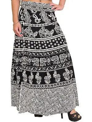 Black and White Wrap-Around Printed Long Skirt from Pilkhuwa