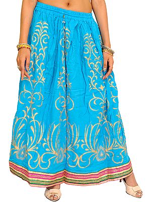 Printed Long Skirt with Embellished Patch Border