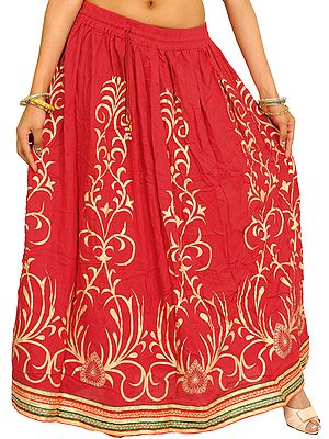 Printed Long Skirt with Embellished Patch Border