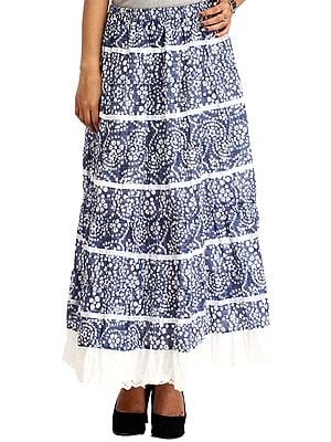 Moonlight-Blue Long Elastic Skirt with Floral Print and Cut-work on Border