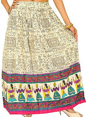 Off-White Warli Folk Printed Long Skirt with Dancing Couples