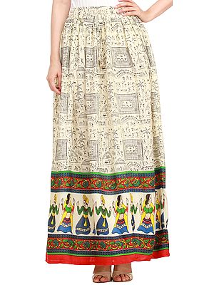 Off-White Warli Folk Printed Long Skirt with Dancing Couples