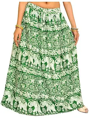 Juniper-Green Long Skirt with Printed Flowers and Elephants