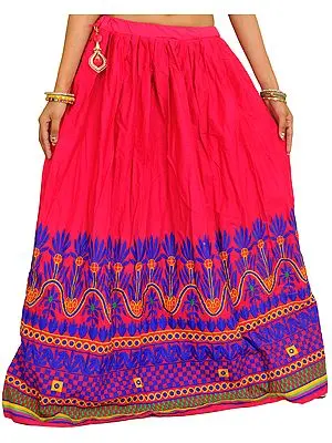 Raspberry-Sorbet Ghagra Skirt from Gujarat with Embroidery on Border