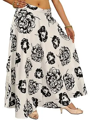 White and Black Long Skirt with Printed Giant Flowers
