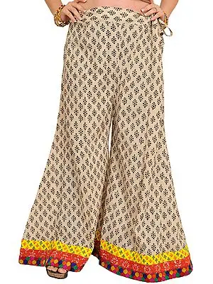 Dusty-White Casual Palazzo Pant from Pilkhuwa with Block-Printed Bootis and Patch Border