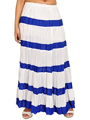 Bright-White Long Skirt with Printed Blue Stripes