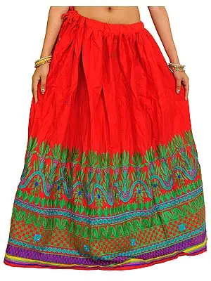 Tomato-Red Long Ghagra from Gujarat with Embroidered Border