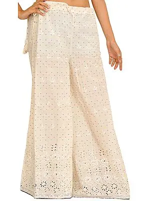 Cream Palazzo Pant with Cut-Work Embroidery on Border and Bootis