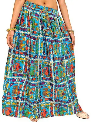 Cyan-Blue Long Skirt with Printed Elephants