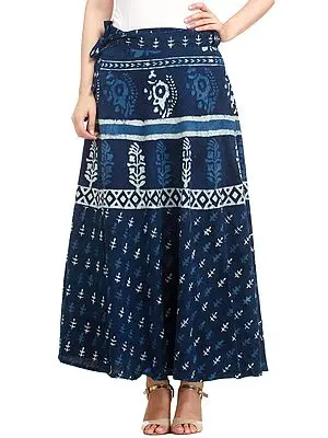 Twilight-Blue Wrap-Around Long Skirt from Pilkhuwa with Bagdoo Block Print