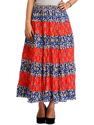Blue and Red Long Skirt with Floral Print