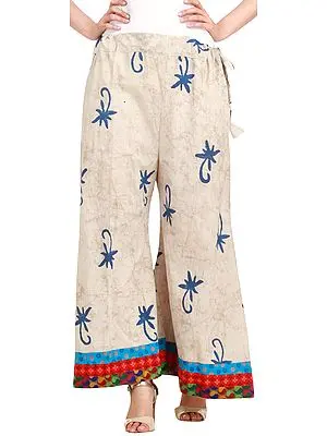 Dusty-White Block-Printed Casual Palazzo Pants from Pilkhuwa with Patch Border