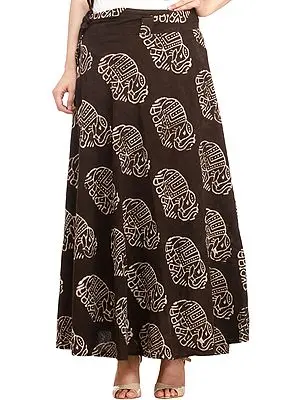 Turkish-Coffee Wrap-Around Bagdoo Skirt from Pilkhuwa with Block-Printed Elephants