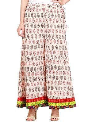 Cream-Pink Casual Palazzo Pant from Pilkhuwa with Block-Printed Paisleys and Patch Border