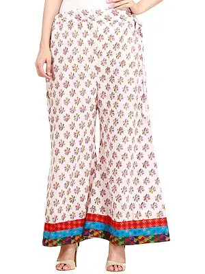 Star-White Casual Palazzo Pants from Pilkhuwa with Floral Bootis and Patch Border