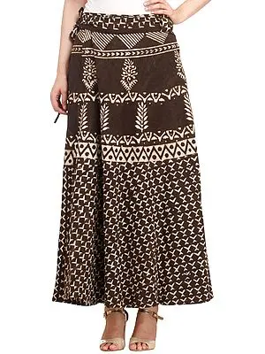Coffee-Bean Wrap-Around Long Skirt from Pilkhuwa with Bagdoo Print