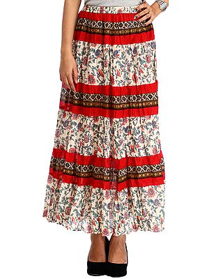 Cream and Red Long Skirt with Printed Flowers