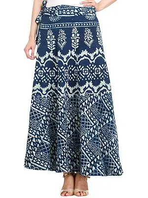 True-Navy Wrap-Around Skirt from Pilkhuwa with Bagdoo Print