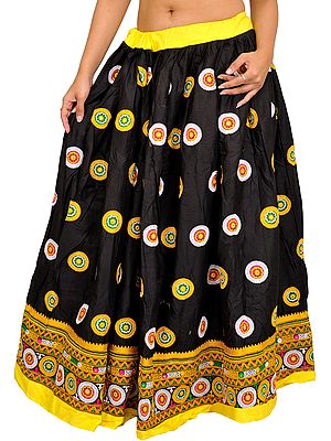 Black and Yellow Ghagra from Gujarat with Embroidered Chakras and Mirrors