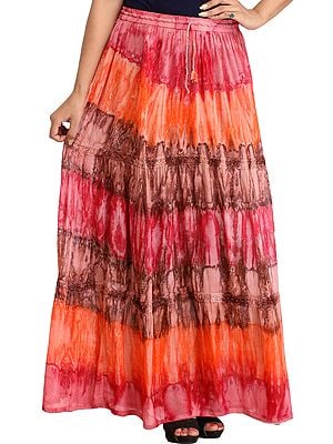 Batik-Dyed Elastic Long Skirt with Lace
