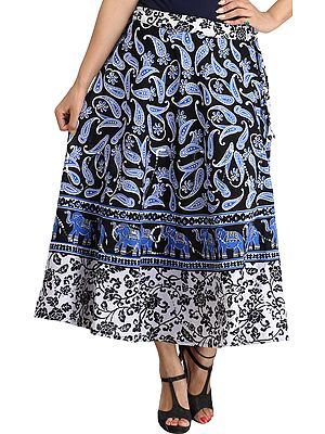 Black and Blue Long Skirt from Pilkhuwa with Paisleys-Print