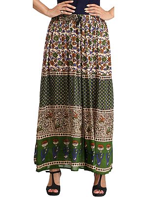 Beige and Green Long Skirt with Mughal Print