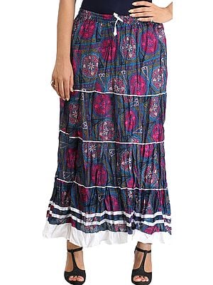 Blue and Purple Long Skirt with Floral-Print and Ribbons