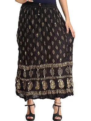 Jet-Black Casual Long Skirt with Golden-Print and Sequins