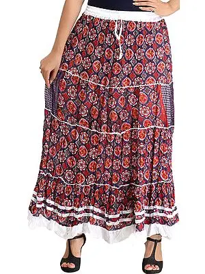 Dark-Blue and Red Floral Printed Long Skirt with Ribbons