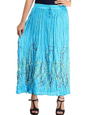 River-Blue Crinkled Long Skirt with Printed Paisleys and Sequins