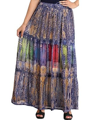 Blue and Beige Batik-Dyed Long Skirt with Lace