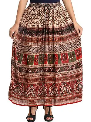 Cream and Maroon Elastic Long Skirt with Jamawar Print