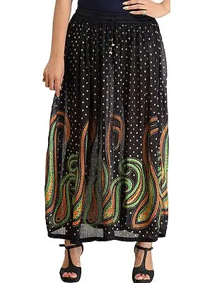 Jet-Black Long Elastic Skirt with Printed Paisleys and Bootis