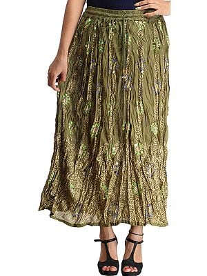 Calliste-Green Crinkled Long Skirt with Printed Spirals and Sequins