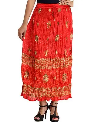 Lollipop-Red Crinkled Long Skirt with Printed Flowers and Sequins