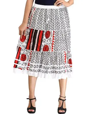 White and Red Midi Skirt with Warli Folk Print and Hindu Mantras