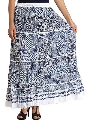 Blue and White Block-Printed Long Skirt with Ribbons