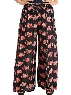 Phantom-Black Casual Palazzo Pants with Printed Roses