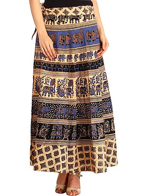 Cream and Blue Wrap-Around Long Skirt from Pilkhuwa with Printed Elephants