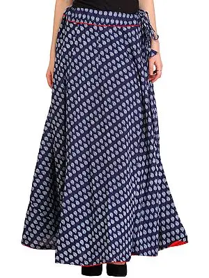 Dark-Blue Long Ghagra Skirt with Piping-work and Bagdoo-Printed Leaves All-Over