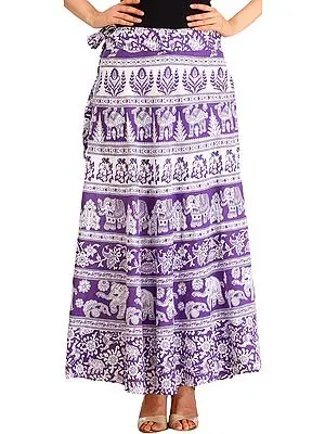White and Purple Wrap-Around Long Skirt from Pilkhuwa with Printed Elephants and Camels