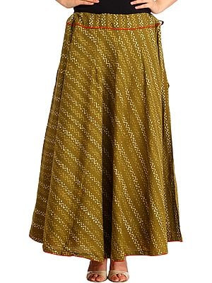 Gothic-Olive Long Skirt with Bagdoo-Printed Zigzag Stripes and Piping
