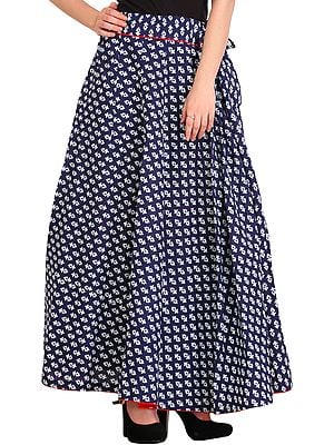 Twilight-Blue Long Ghagra Skirt with Block-Printed Bootis and Piping