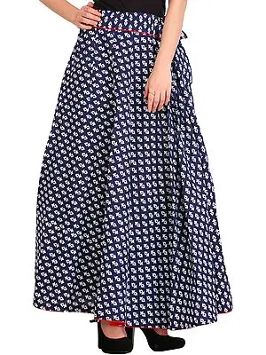 Twilight-Blue Long Ghagra Skirt with Block-Printed Bootis and Piping
