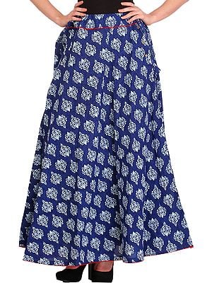 Deep-Ultramarine Long Skirt with Block-Printed Floral Bootis and Piping-work